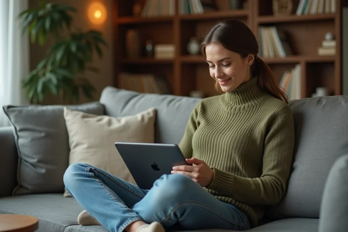 Jeune femme gérant ses services Arkevia sur une tablette confortablement installée dans son salon