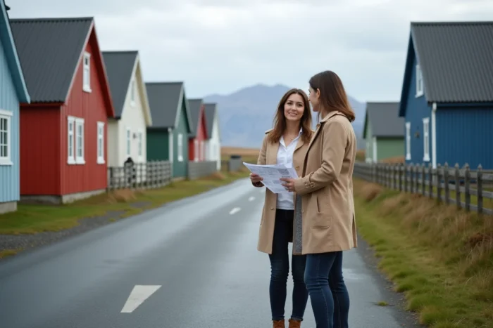 Une acheteuse étrangère discute avec un agent immobilier devant une maison à vendre aux Îles Féroé