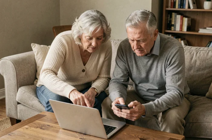 Couple de seniors activant leur compte MyFoncia ensemble sur ordinateur portable et smartphone dans leur salon