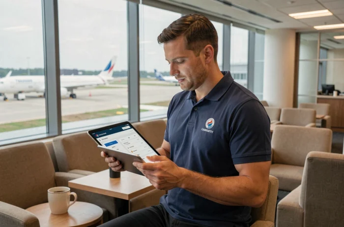 Agent Air France consultant la plateforme IPN sur une tablette dans le salon du personnel de l'aéroport