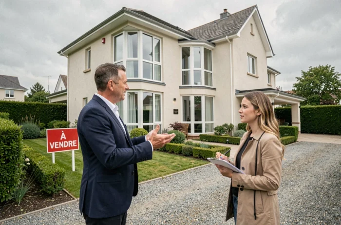 Agent immobilier présentant une maison à vendre à une cliente devant la façade extérieure
