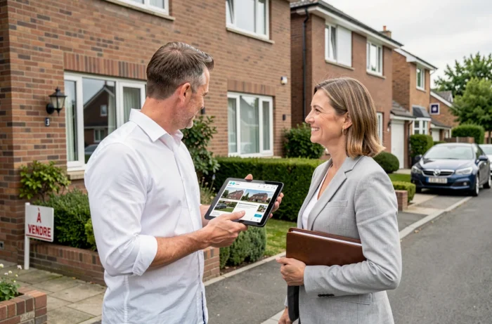 Agent immobilier présentant une propriété résidentielle à un partenaire investisseur devant une maison à vendre