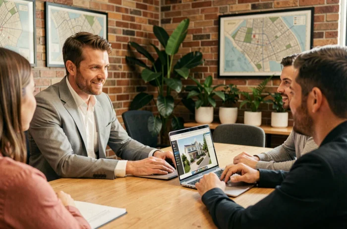 Agent immobilier présentant une simulation de projet immobilier numérique à des clients en réunion