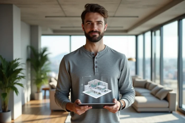 Agent immobilier présentant une visite virtuelle 3D sur tablette dans un appartement moderne avec vue urbaine