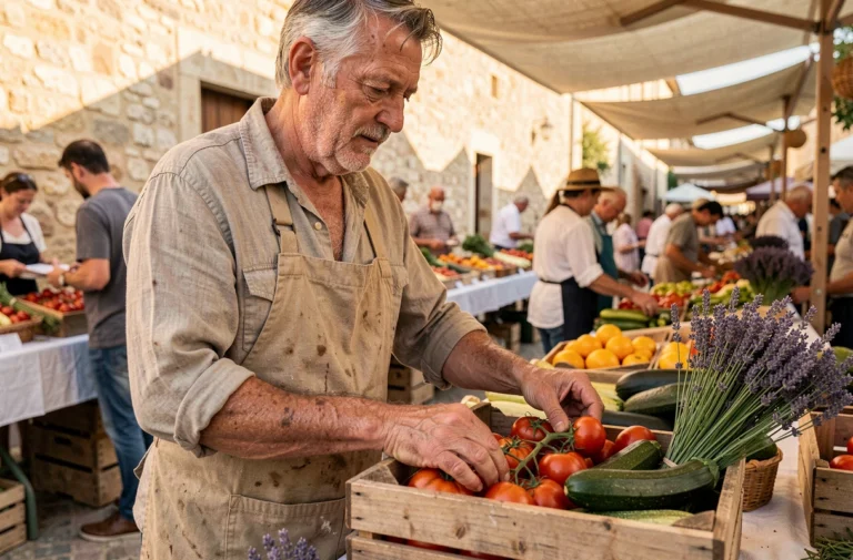 Agriculteur provençal arrangeant des légumes fermiers traditionnels sur un marché local du sud de la France
