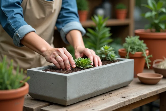 Jardinière plantant des sedums dans une auge en pierre sur un établi de jardinage en bois