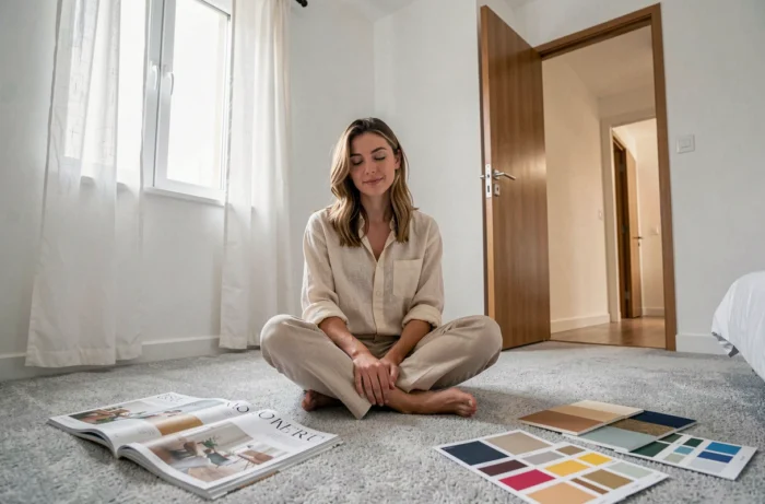 Femme planifiant l'aménagement d'une chambre de bébé dans un appartement T3 avec échantillons de couleurs et magazines de décoration