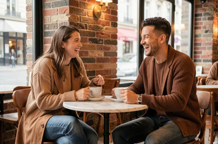 Deux amis dans un café parisien contemporain portant des tenues automnales superposées en tricot et jean, illustrant les tendances style 2024