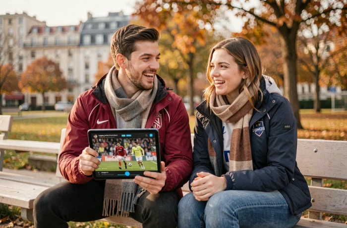 Deux amis regardant un match de Ligue 1 en streaming sur Amazon Prime Video sur une tablette en extérieur