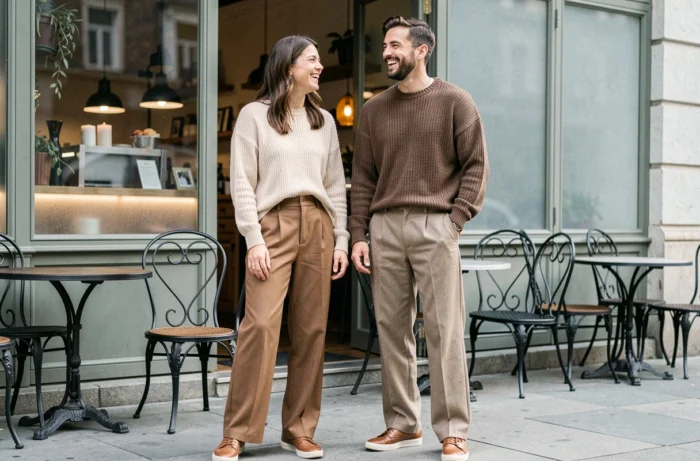 Deux amis stylés portant des tenues tendance superposées devant une terrasse de café parisien