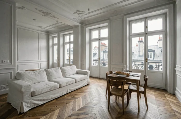 Appartement Airbnb parisien avec parquet en chevrons et vue sur les toits de Paris, location courte durée en France