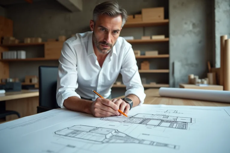 Architecte étudiant des plans de coupe longitudinale et transversale sur une table à dessin dans un studio professionnel