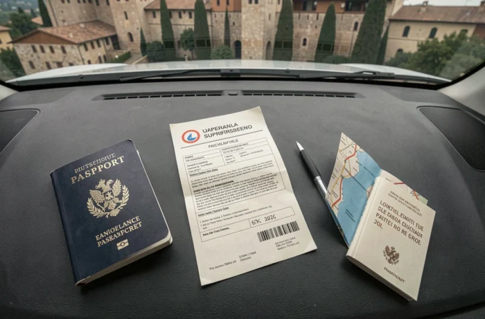 Gros plan d'une fausse amende italienne posée sur le tableau de bord d'une voiture avec un passeport français