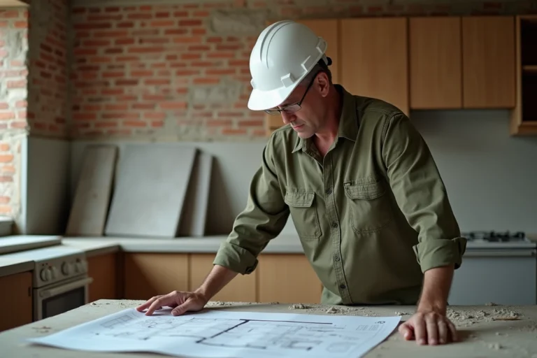 Artisan en tenue de chantier consultant des plans de rénovation dans une cuisine en travaux