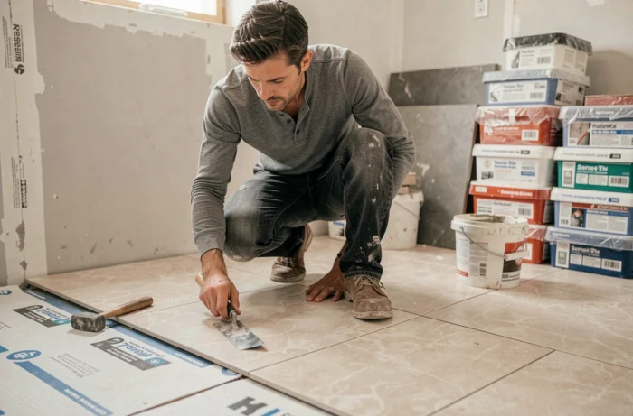 Artisan posant des carreaux en grès cérame dans une salle de bain en cours de rénovation complète