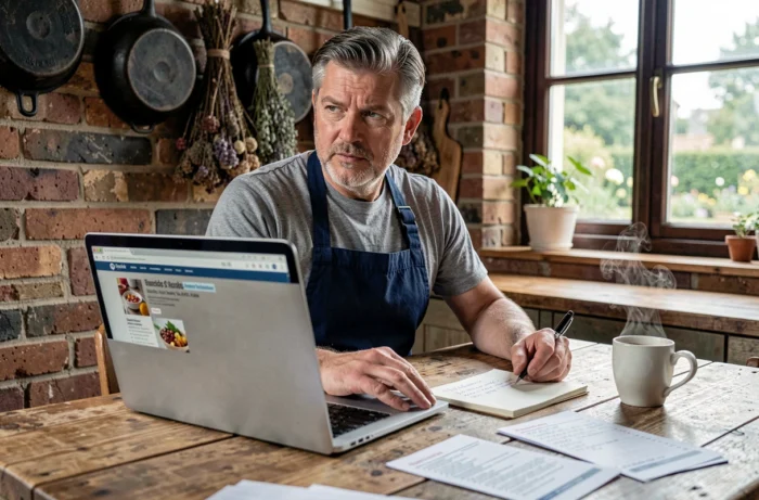 Homme recherchant des astuces culinaires sur un ordinateur portable dans une cuisine rustique