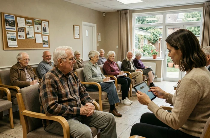 Un homme âgé participant à un atelier numérique dans un centre communautaire dédié aux services pour seniors