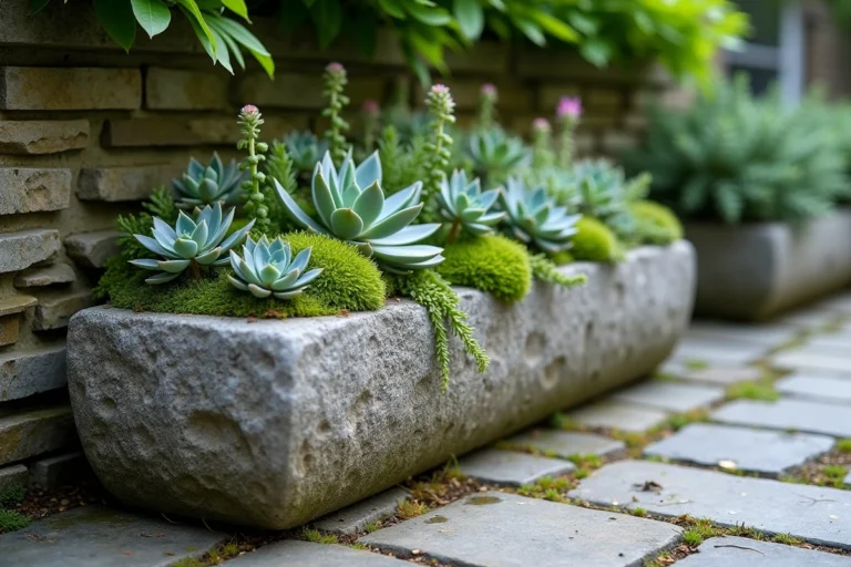 Auge en pierre ancienne aménagée avec des plantes succulentes et des sedums sur une terrasse en pierre naturelle
