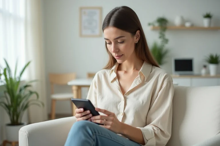 Femme lisant des avis sur une clinique dentaire The Smilist sur sa tablette dans une salle d'attente moderne