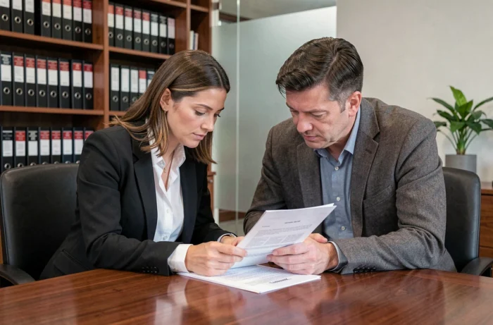 Avocate spécialisée en immobilier révisant un contrat de bail avec un client dans une salle de réunion professionnelle