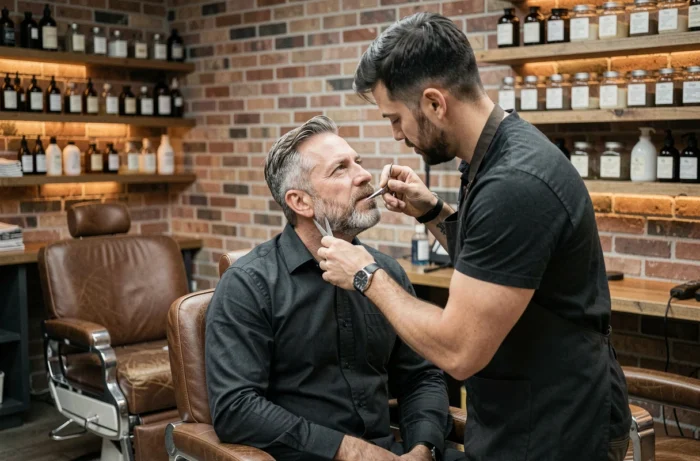 Homme élégant dans la quarantaine en train de se faire tailler la barbe par un barbier professionnel dans un salon moderne aux murs en briques apparentes