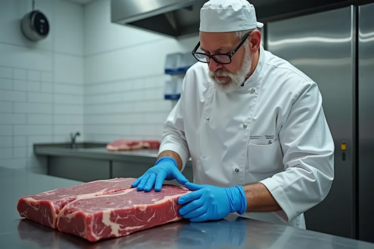 Boucher professionnel inspectant attentivement une pièce de viande fraîche sur un plan de travail en acier inoxydable pour détecter la présence d'œufs de mouche