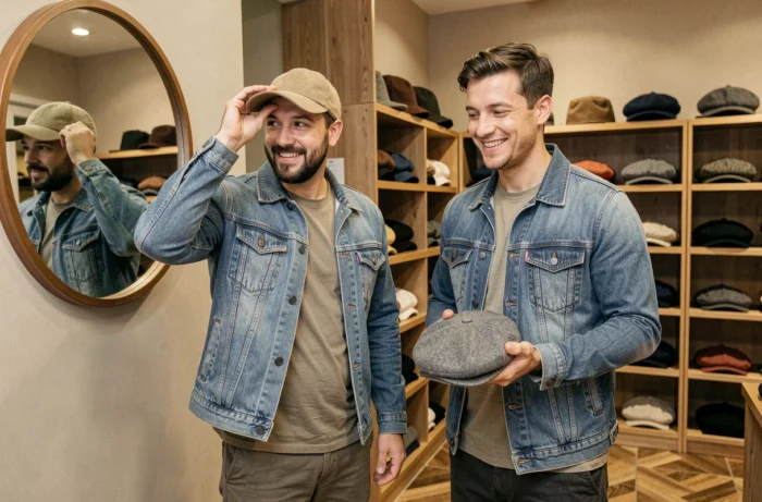Deux hommes dans une boutique de casquettes en train de choisir et d'essayer différents modèles et tailles
