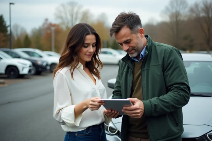 Deux collègues consultant une simulation de calcul de frais de covoiturage sur une tablette dans un parking