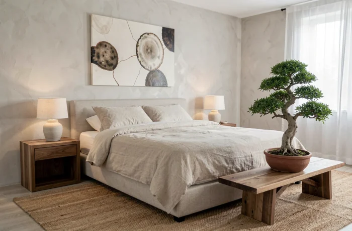 Chambre minimaliste au style japandi avec lit bas, plante bonsaï et murs en stuc à la chaux