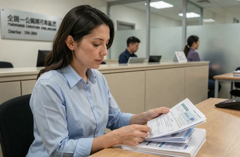 Femme consultant des documents administratifs pour un changement de carte grise en préfecture