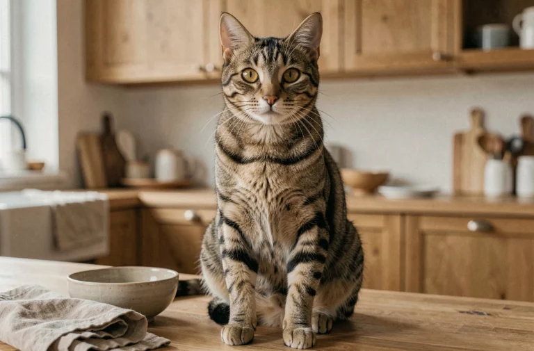 Chat tigré adulte aux yeux ambrés assis sur un plan de travail en bois dans une cuisine moderne, regardant l'objectif avec curiosité