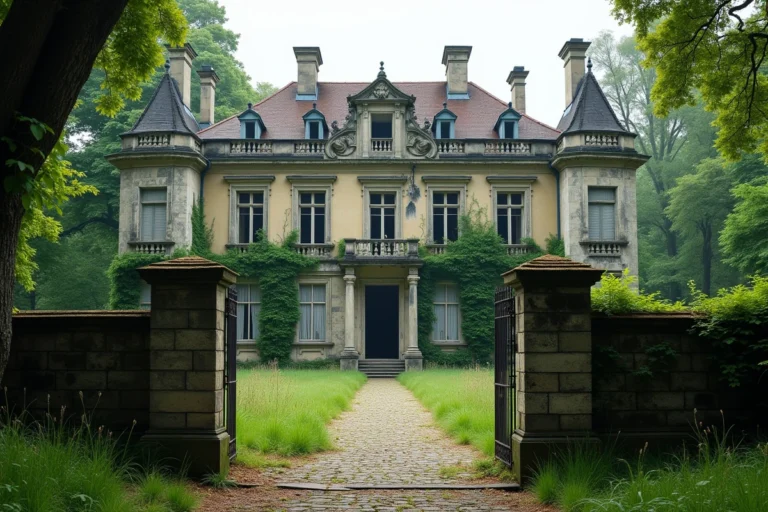Façade d'un château abandonné en France envahi par le lierre, avec une cour aux pavés fissurés et un portail en fer rouillé
