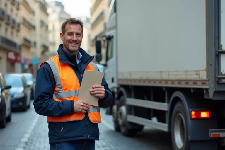 Chauffeur professionnel tenant son permis de conduire devant un camion 12m3 en France
