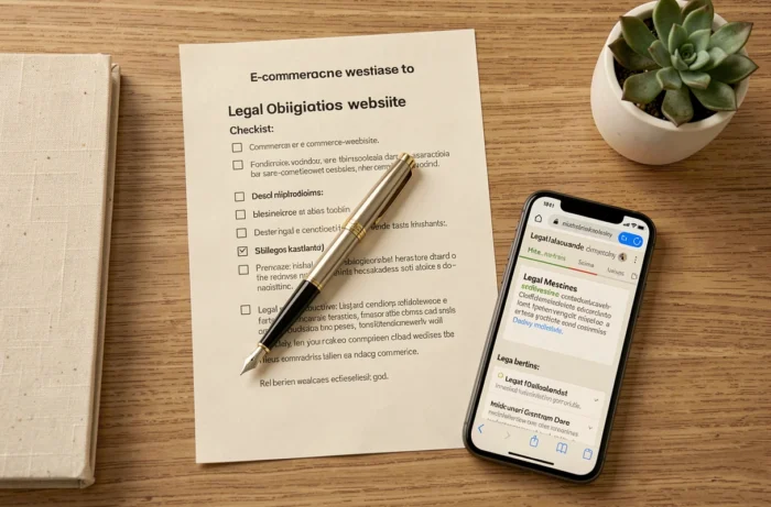 Vue aérienne d'un bureau avec checklist des obligations légales pour un site e-commerce, stylo et smartphone affichant des mentions légales