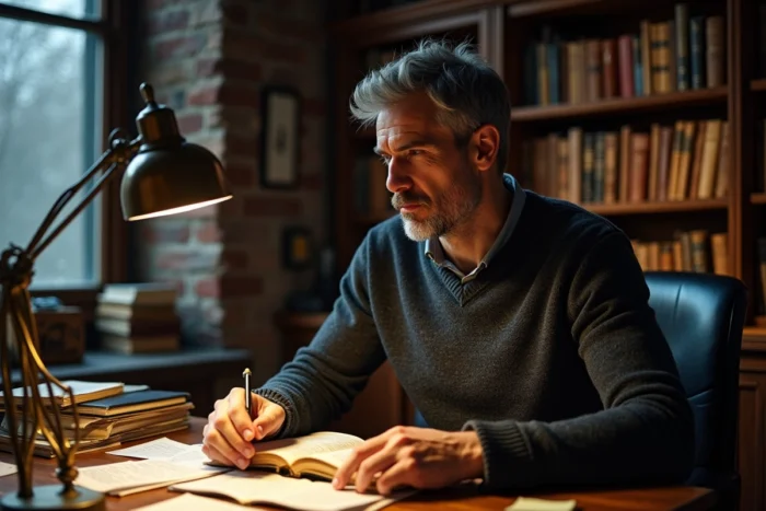 Chercheur consultant des ouvrages sur la santé et le paranormal dans un bureau privé encombré de livres et de notes de recherche
