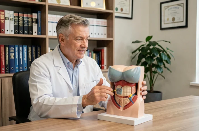 Chirurgien plasticien expliquant les techniques d'abdominoplastie avec un modèle anatomique dans son cabinet