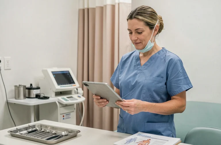 Chirurgienne expliquant une procédure d'abdominoplastie à une patiente dans un cabinet médical moderne
