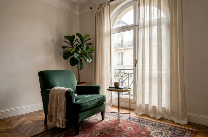 Coin lecture cosy avec fauteuil en velours vert et plante dans un appartement haussmannien parisien