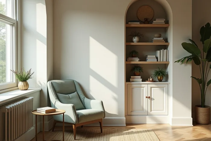 Coin lecture cosy avec fauteuil en lin, bibliothèque intégrée et table basse en laiton dans un intérieur décoré avec soin