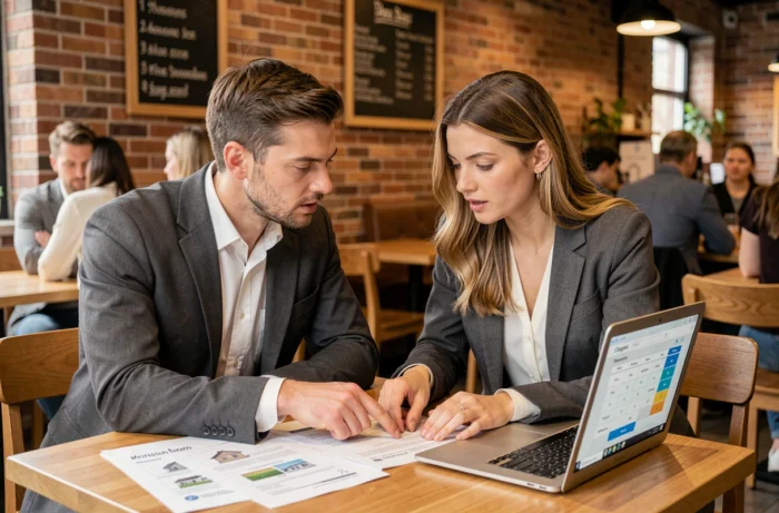 Deux collègues analysant des documents immobiliers et un calculateur de prêt en ligne dans un café urbain moderne