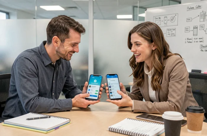 Deux collègues comparant des mises à jour et nouveautés Android sur leurs smartphones dans un bureau moderne