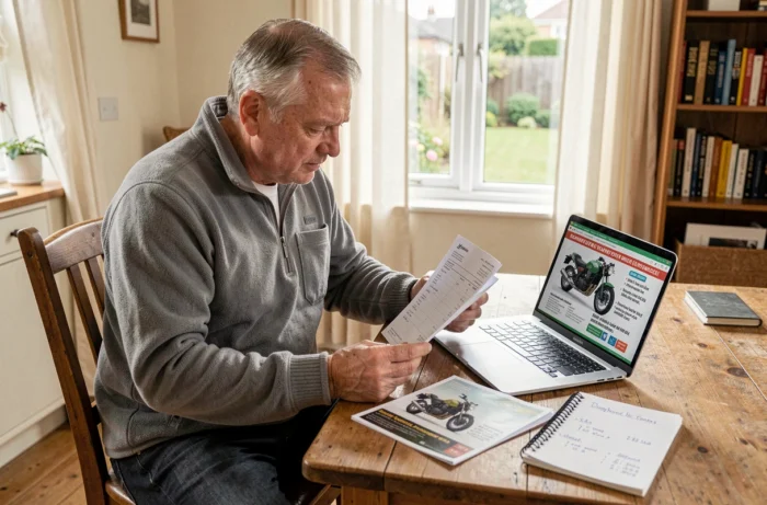Homme mature comparant des devis de conversion moto en trike à domicile, avec factures et brochures sur la table