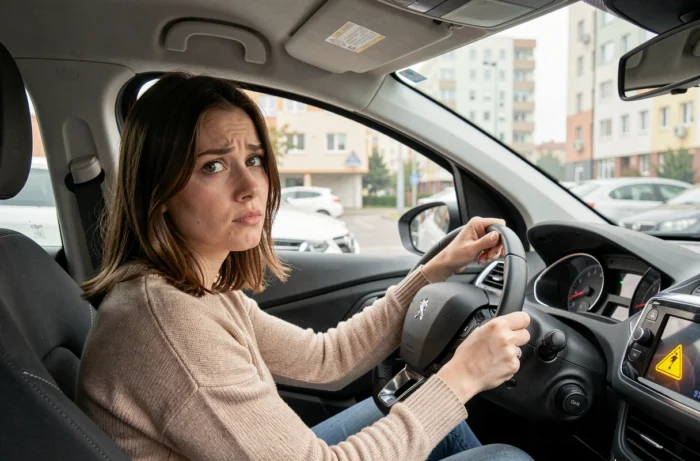 Conductrice regardant un voyant allumé sur le tableau de bord de sa Peugeot 208 dans un parking urbain en journée