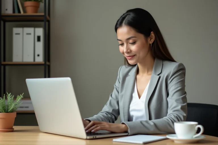 Femme accédant à son compte en ligne Arkevia sur un ordinateur portable dans un bureau à domicile moderne