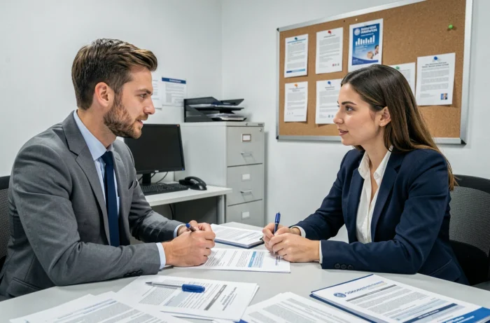 Conseiller et bénéficiaire discutant des conditions d'attribution de la prime d'installation dans un bureau administratif