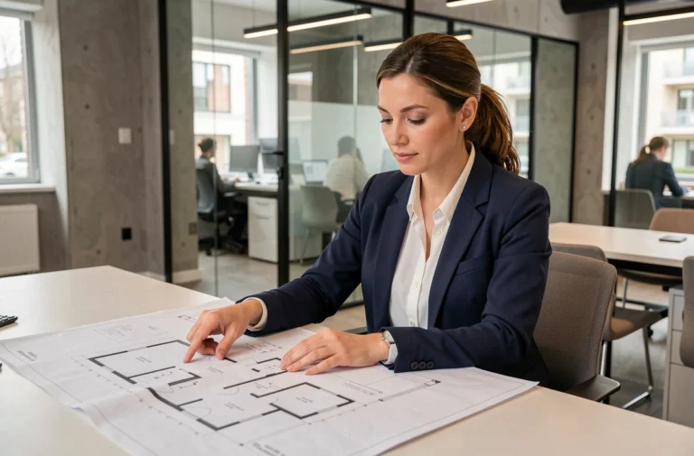 Conseillère immobilière analysant des plans architecturaux dans une agence moderne et innovante