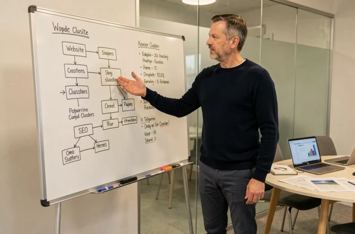 Un consultant SEO présentant une stratégie de référencement sur un tableau blanc dans une salle de réunion