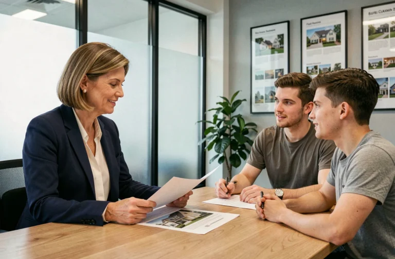 Consultante immobilière expérimentée conseillant un jeune couple dans une agence immobilière moderne lors d'un projet de location