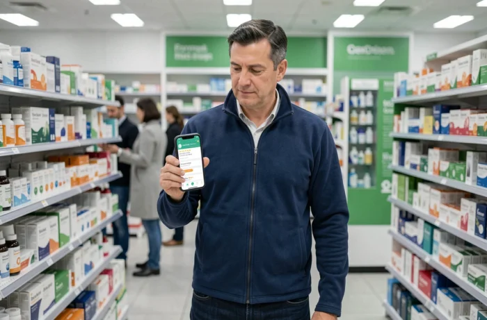 Homme consultant une application mobile pour trouver un médecin fiable dans une pharmacie moderne