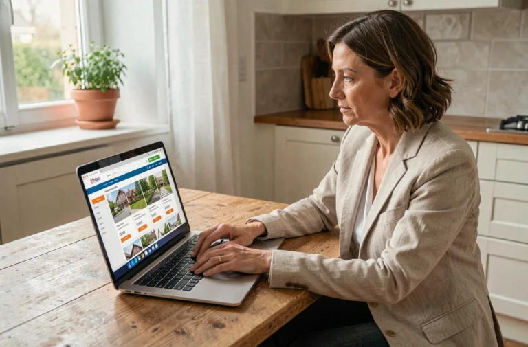 Femme consultant les prix de vente des maisons sur un ordinateur portable dans une cuisine moderne